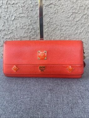 MCM Red Saffiano Leather Zip Wallet with Gold Hardware and Charms